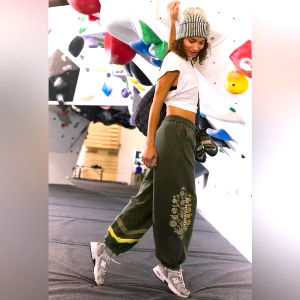 FP Movement by Free People Olive Green Track Joggers with Yellow Accents